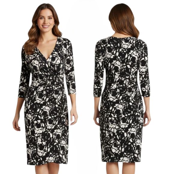 NWT Chaps Surplice Dress Women’s XL Black White Floral Ikat Print New with tags - Picture 1 of 7